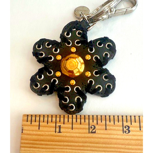 PRADA Flower BAG CHARM Key Ring Holder BLACK Leather Gold Silver METAL RARE AUTH - Picture 5 of 11